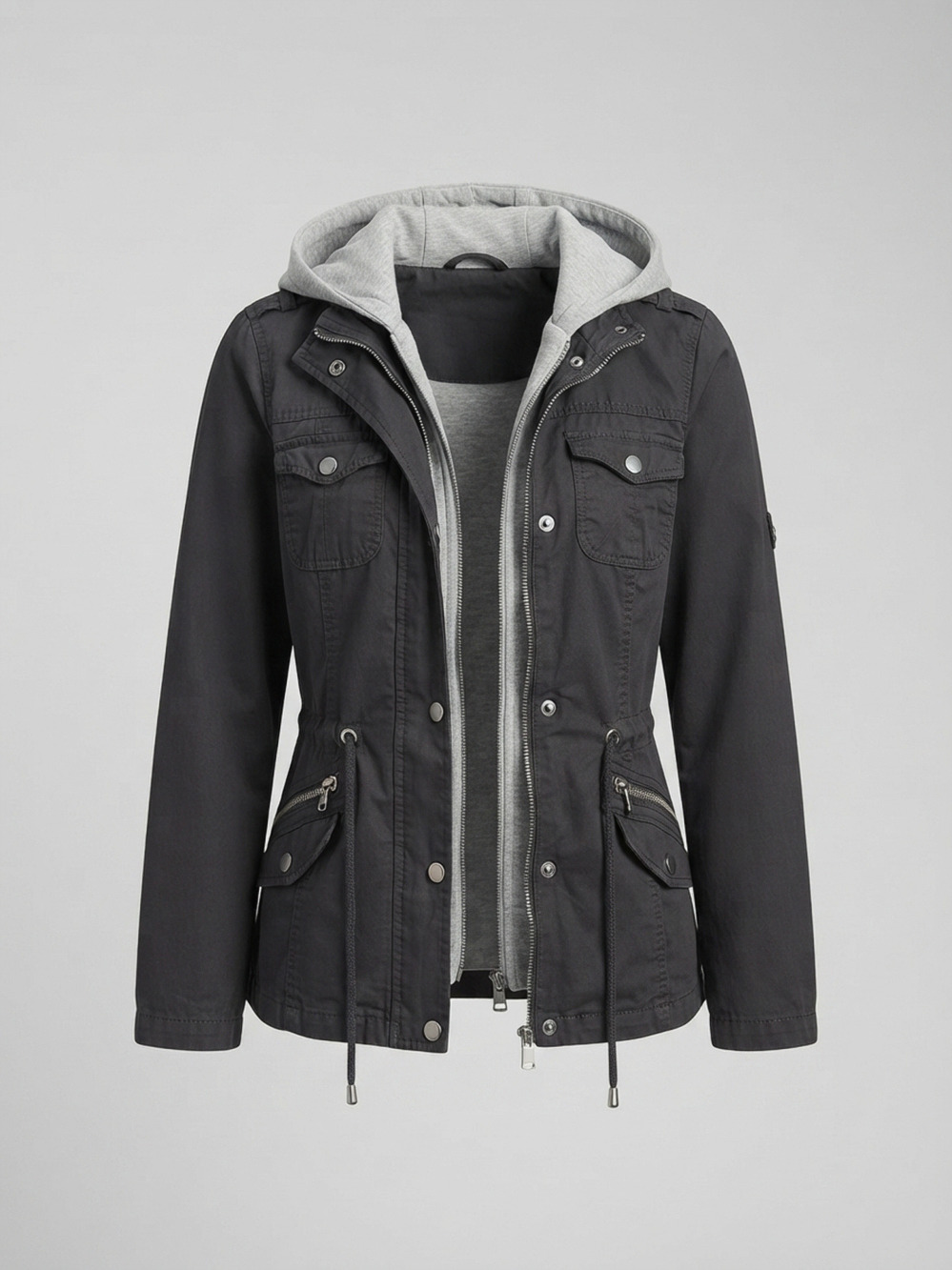 YMI Collection Womens Black Hooded Utility Anorak Jacket w/ Grey Hoodie medium